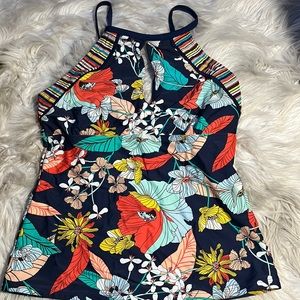 Ellen Tracy Floral Racer Neck Swim Tank